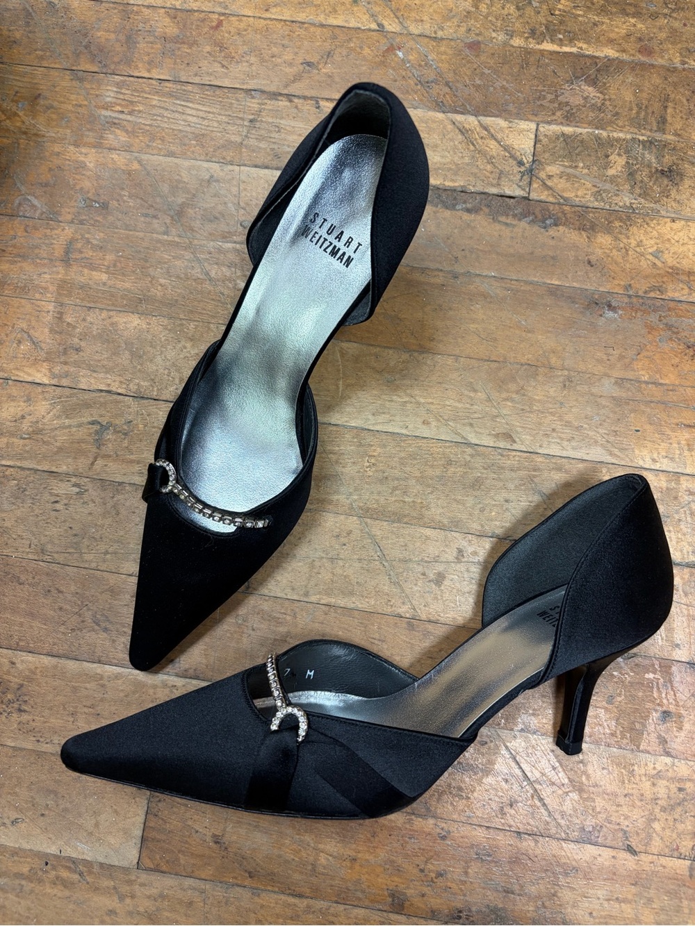Stuart Weitzman Black Satin D'Orsay Pointed Toe Heels with Rhinestone Buckle
